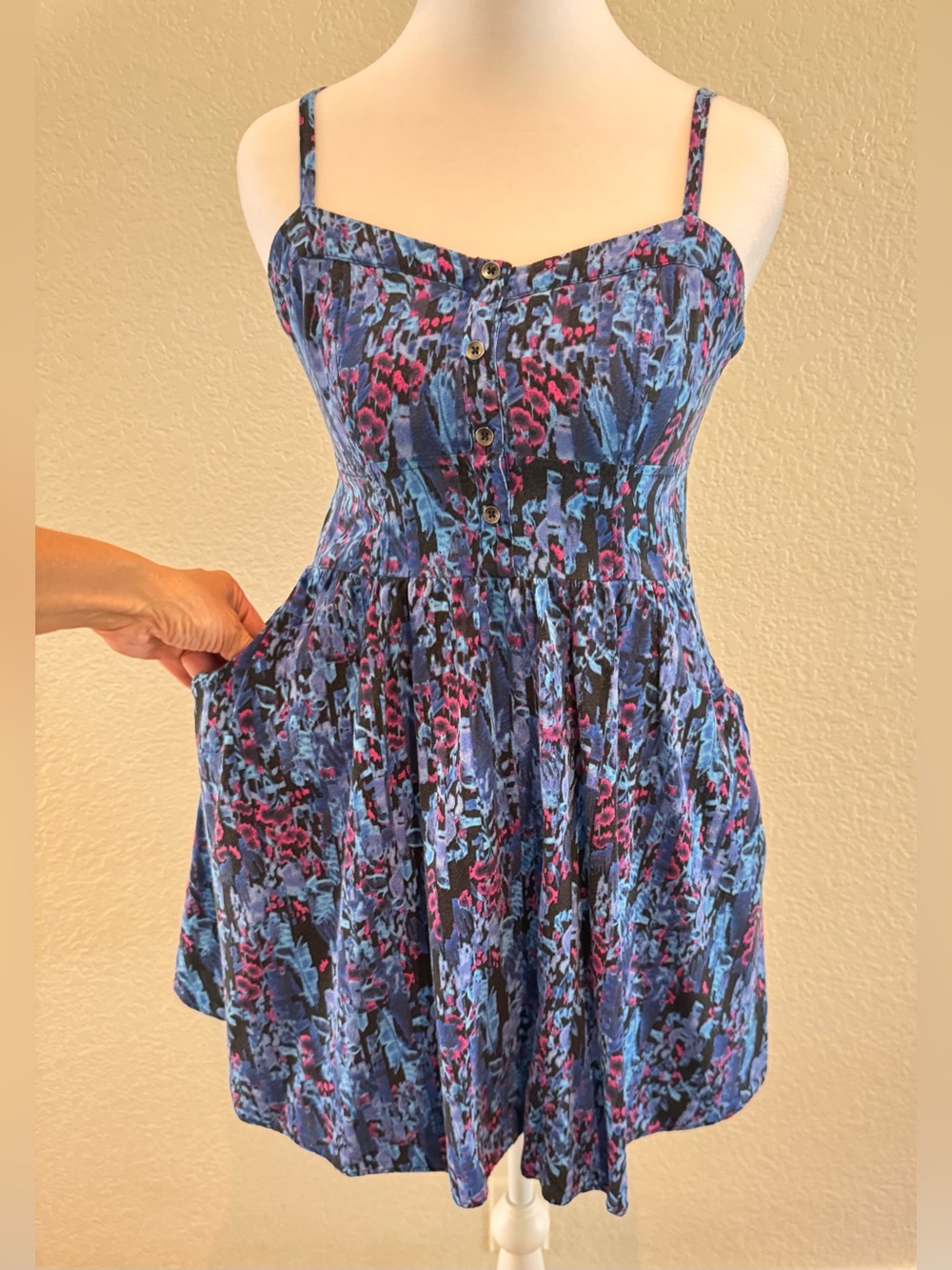 Express Blue Floral Fit & Flare Mini Dress w/ Pockets Smocked Back - Size S